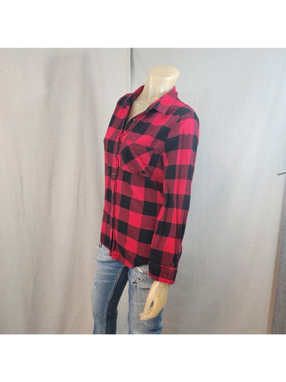 Socialite Red Black Buffalo Plaid Flannel Button Front Top Shirt Blouse LARGE - Picture 5 of 6